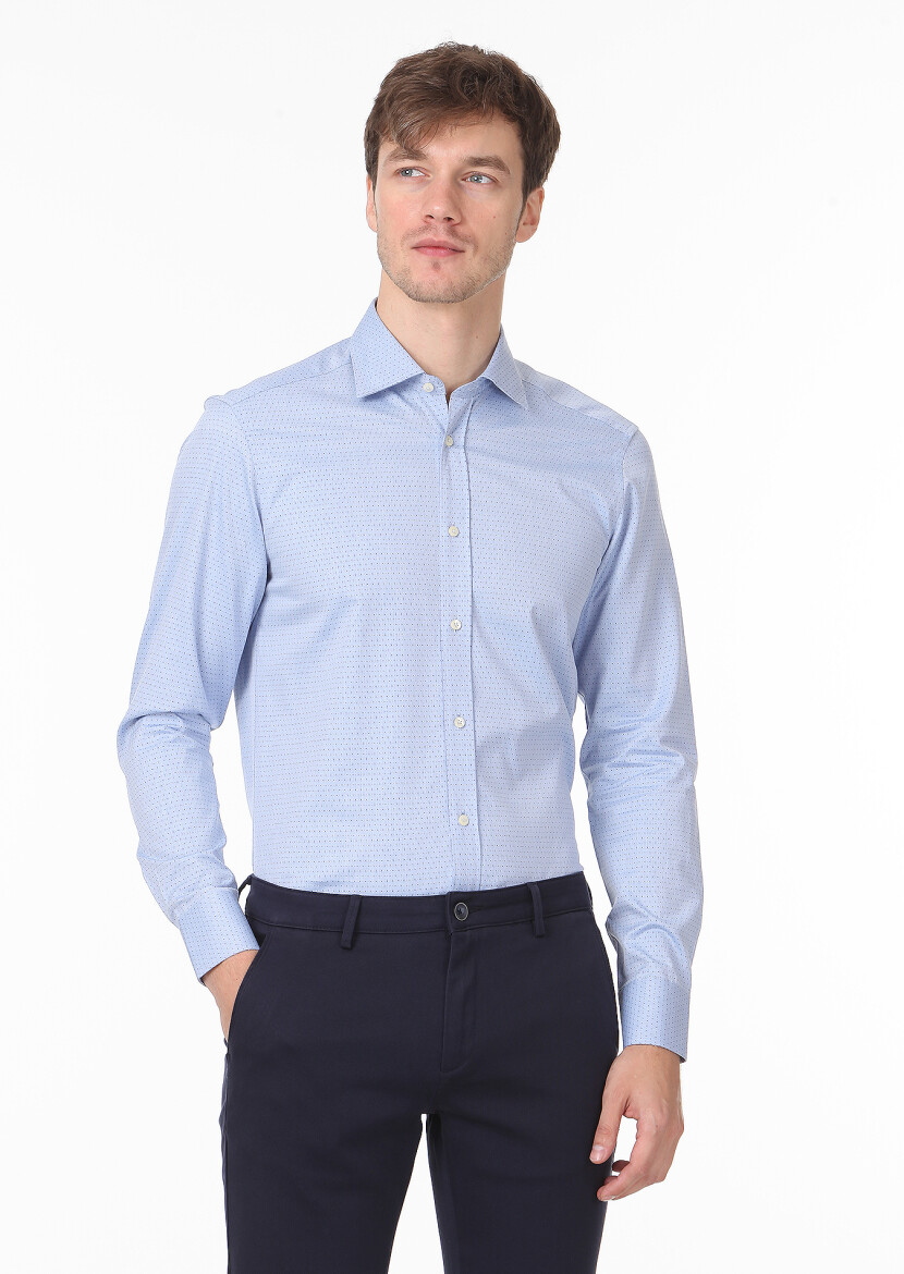 Blue Patterned Regular Fit Long Weaving Classical 100% Cotton Shirt - 1