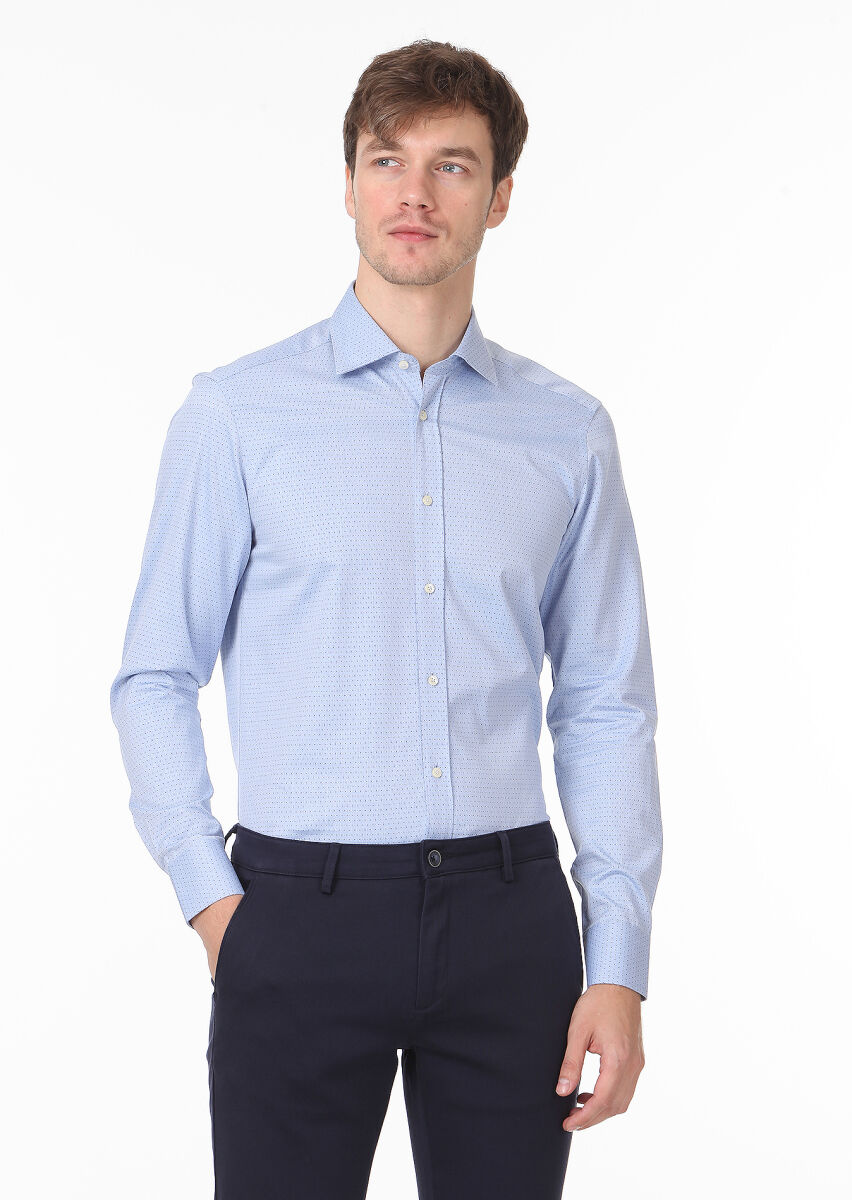 Blue Patterned Regular Fit Long Weaving Classical 100% Cotton Shirt - 1