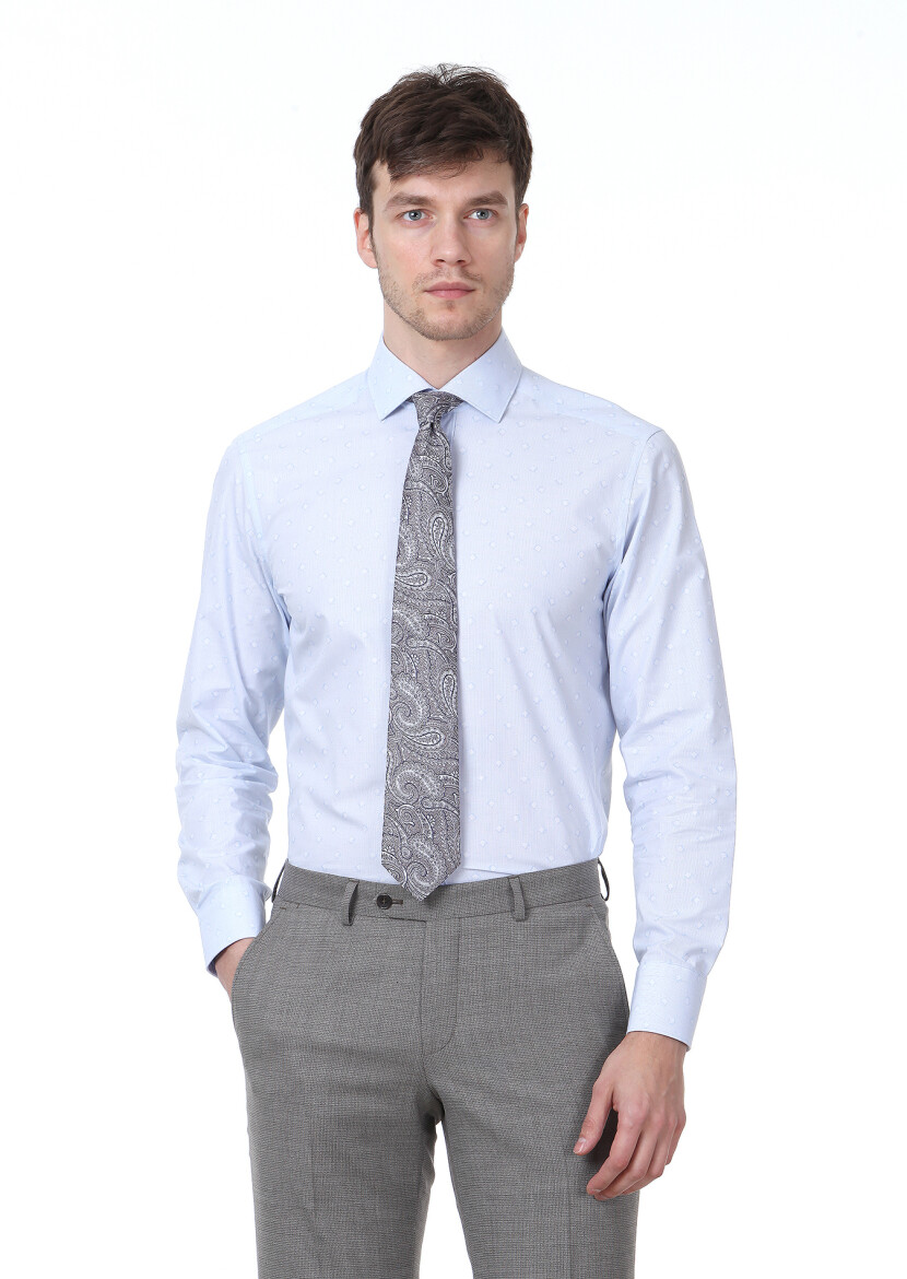 Blue Patterned Regular Fit Long Weaving Classical 100% Cotton Shirt - 1
