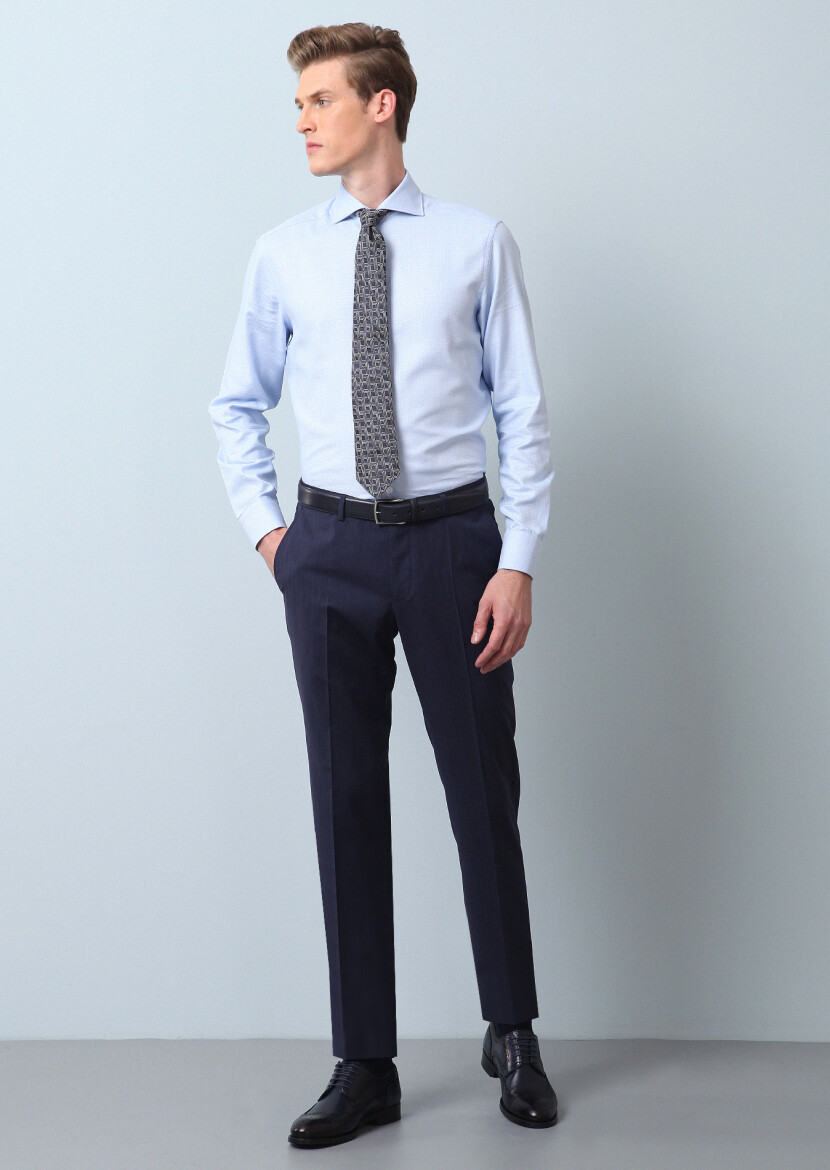 Blue Patterned Regular Fit Long Weaving Classical 100% Cotton Shirt - 2