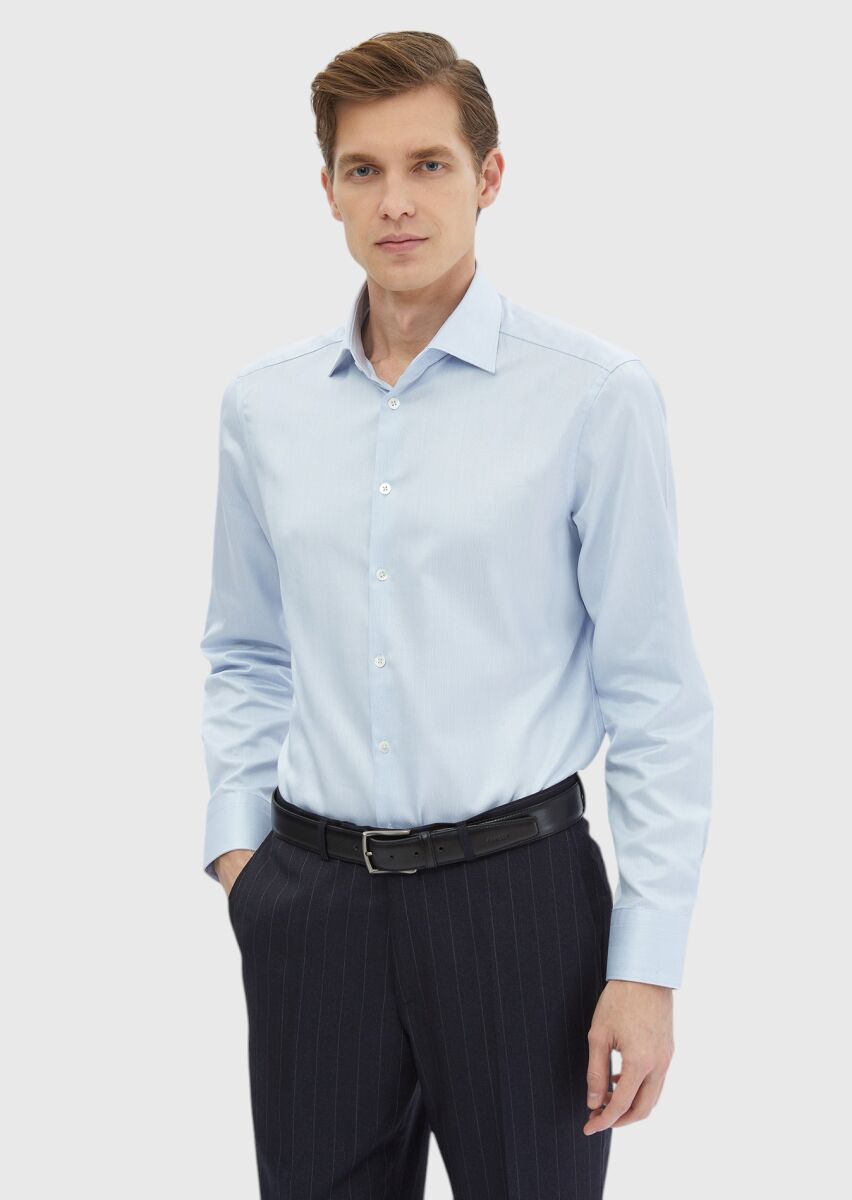 Blue Patterned Regular Fit Long Weaving Classical 100% Cotton Shirt - 3