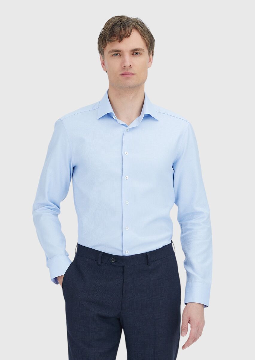 Blue Patterned Regular Fit Long Weaving Classical 100% Cotton Shirt - 1