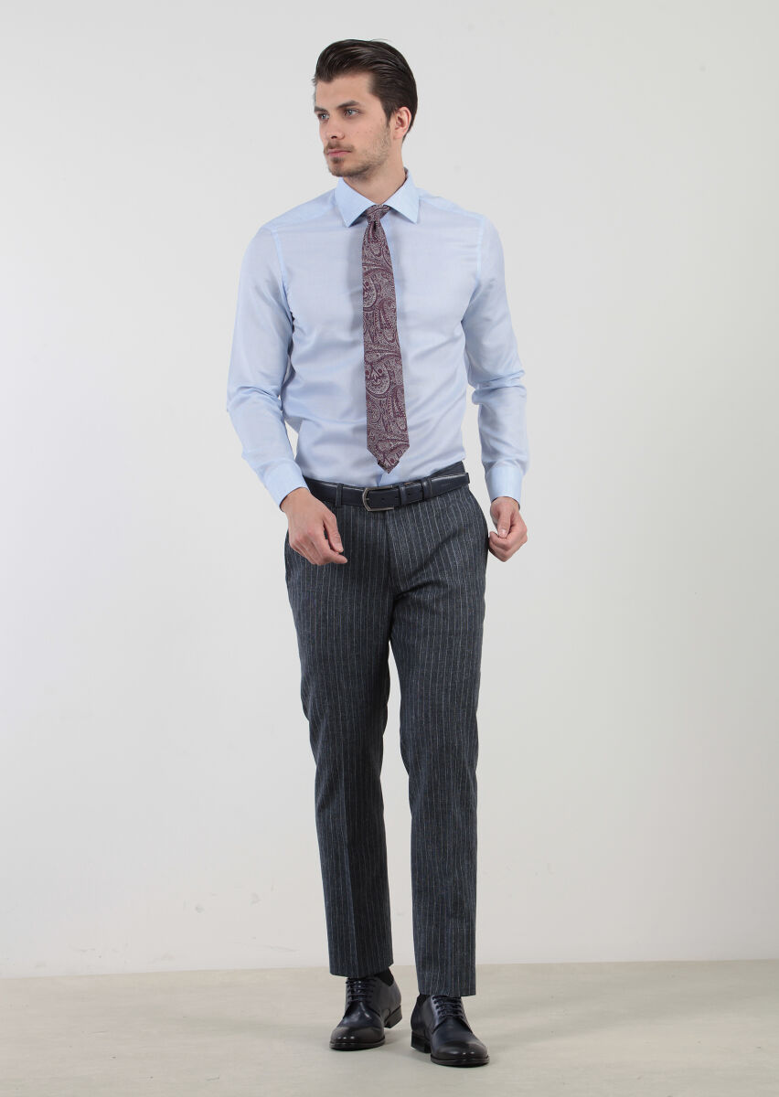 Blue Patterned Regular Fit Long Weaving Classical Cotton Blended Shirt - 1