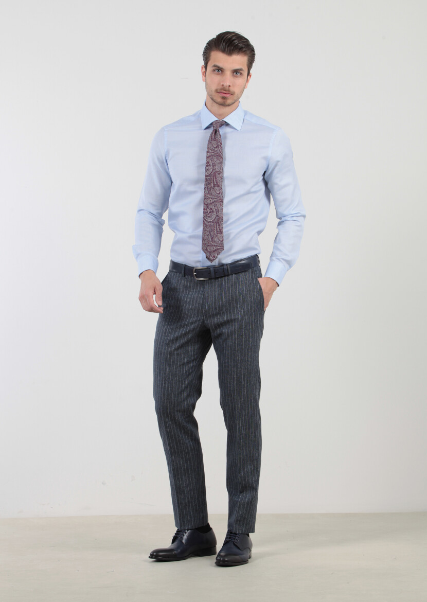 Blue Patterned Regular Fit Long Weaving Classical Cotton Blended Shirt 