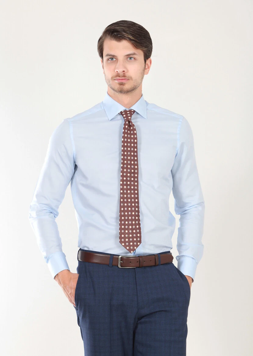 Blue Patterned Regular Fit Weaving Classical 100% Cotton Shirt - 1