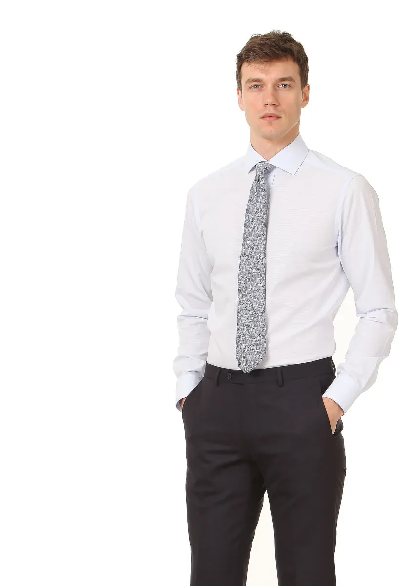 Blue Patterned Regular Fit Weaving Classical 100% Cotton Shirt - 3