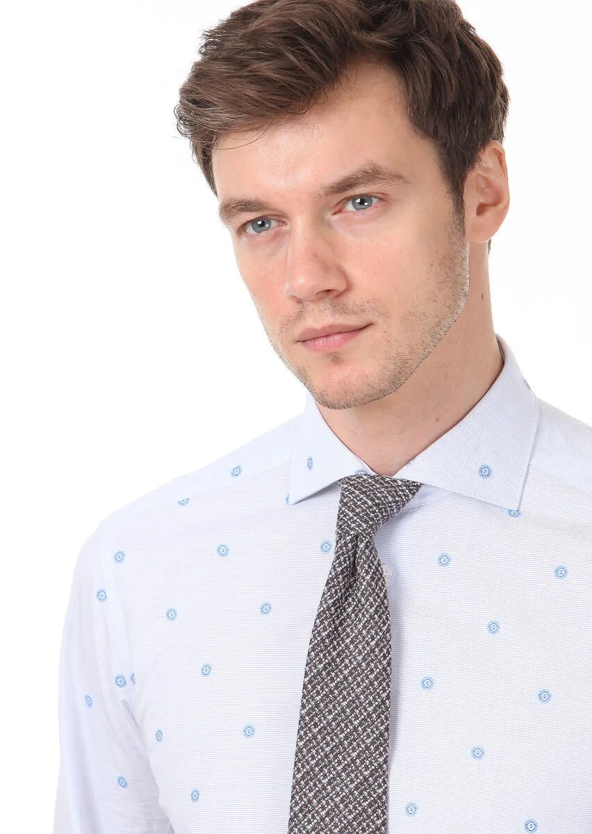 Blue Patterned Regular Fit Weaving Classical 100% Cotton Shirt - 2