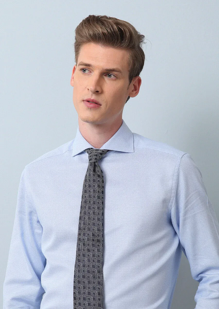 Blue Patterned Regular Fit Weaving Classical 100% Cotton Shirt - 1