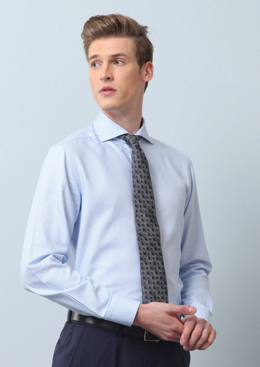 Blue Patterned Regular Fit Weaving Classical 100% Cotton Shirt - 2