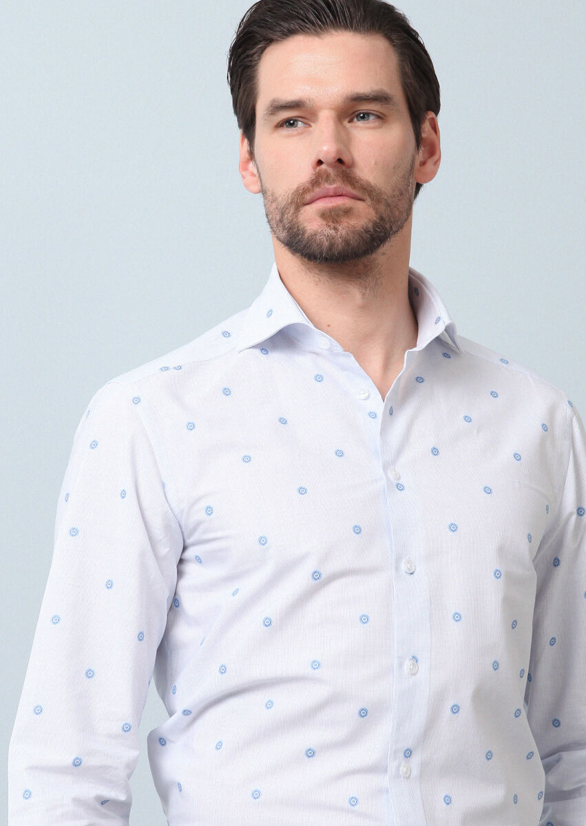 Blue Patterned Regular Fit Weaving Classical 100% Cotton Shirt - 1