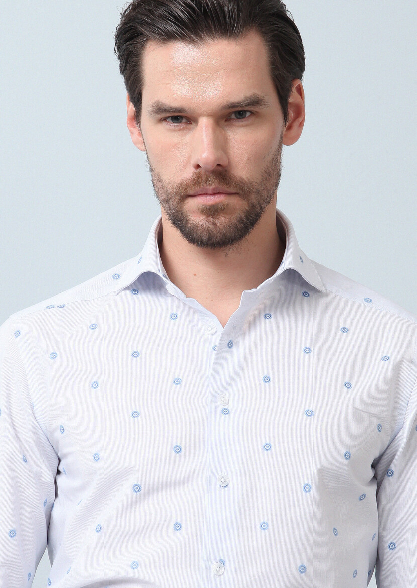 Blue Patterned Regular Fit Weaving Classical 100% Cotton Shirt - 2