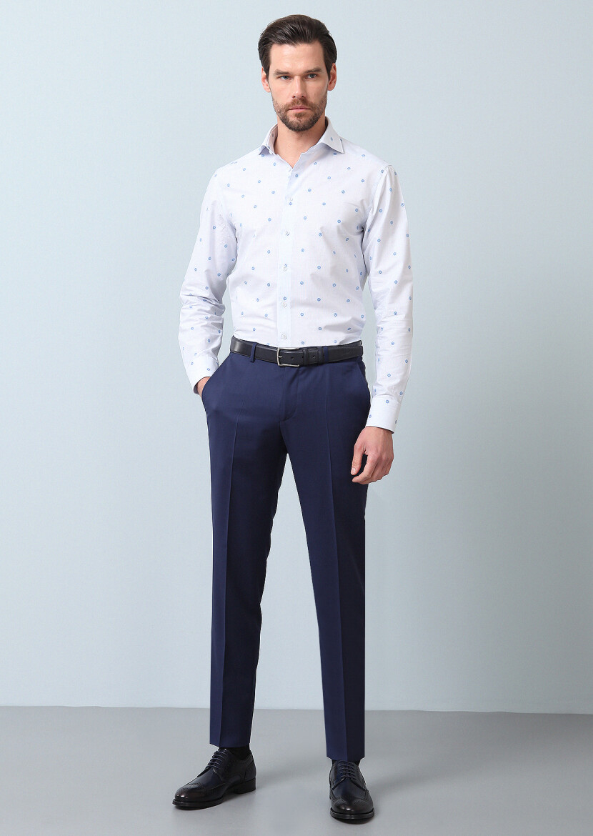 Blue Patterned Regular Fit Weaving Classical 100% Cotton Shirt - 3