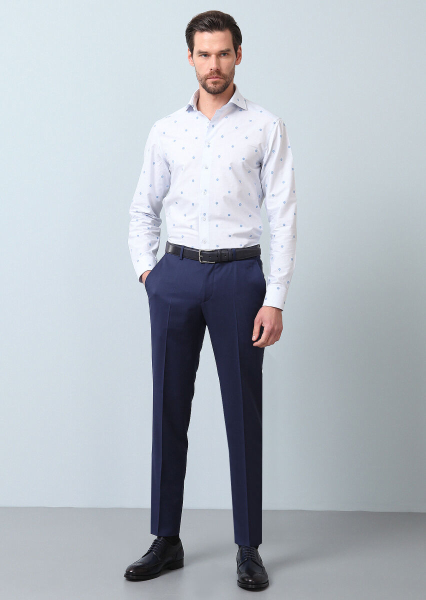 Blue Patterned Regular Fit Weaving Classical 100% Cotton Shirt - 3