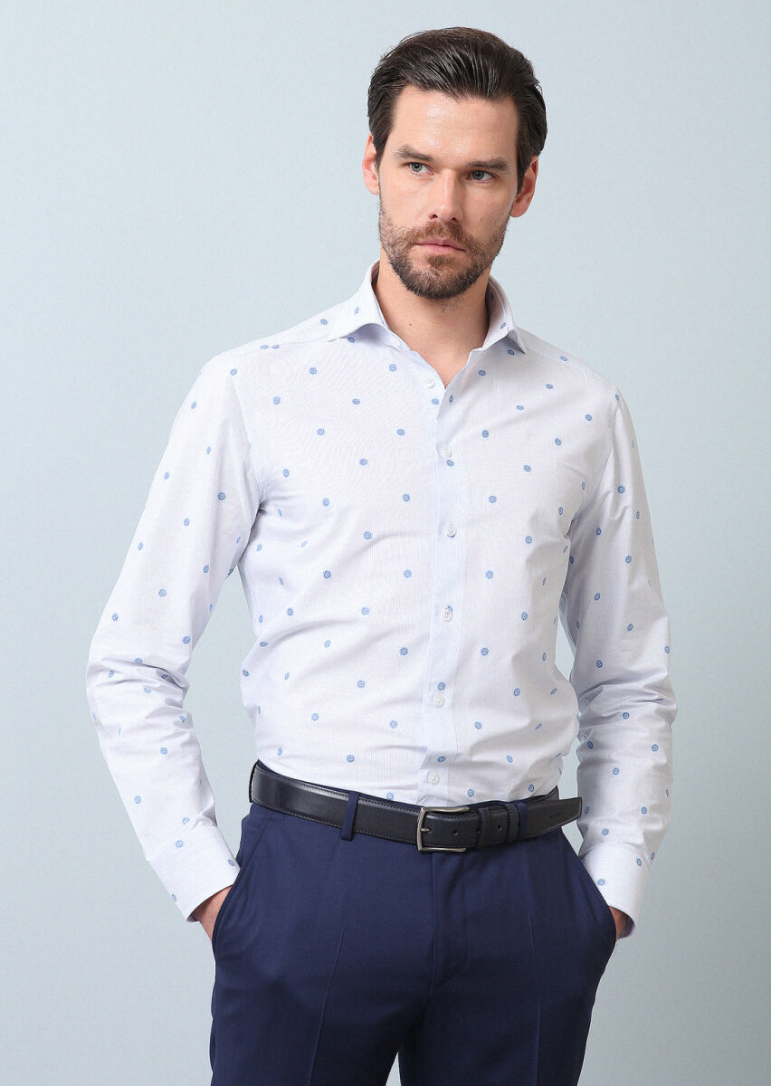 Blue Patterned Regular Fit Weaving Classical 100% Cotton Shirt - 4