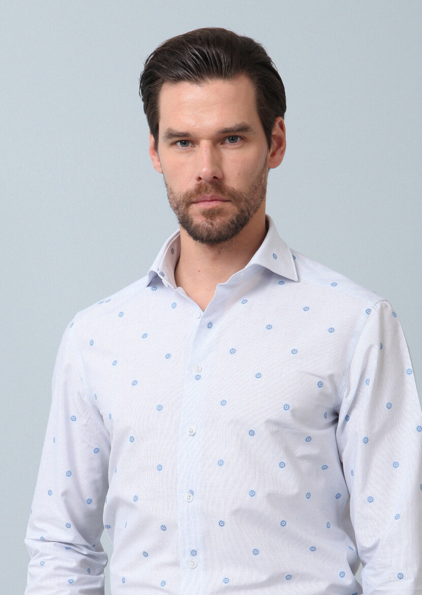 Blue Patterned Regular Fit Weaving Classical 100% Cotton Shirt - 5