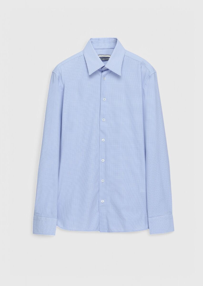 Blue Patterned Slim Fit Long Knitting Classical Shirt - 1