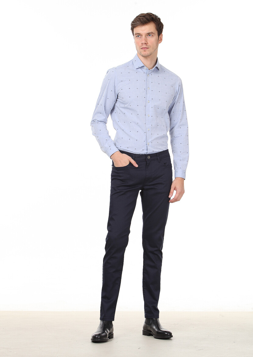 Blue Patterned Slim Fit Long Weaving Casual 100% Cotton Shirt - 3