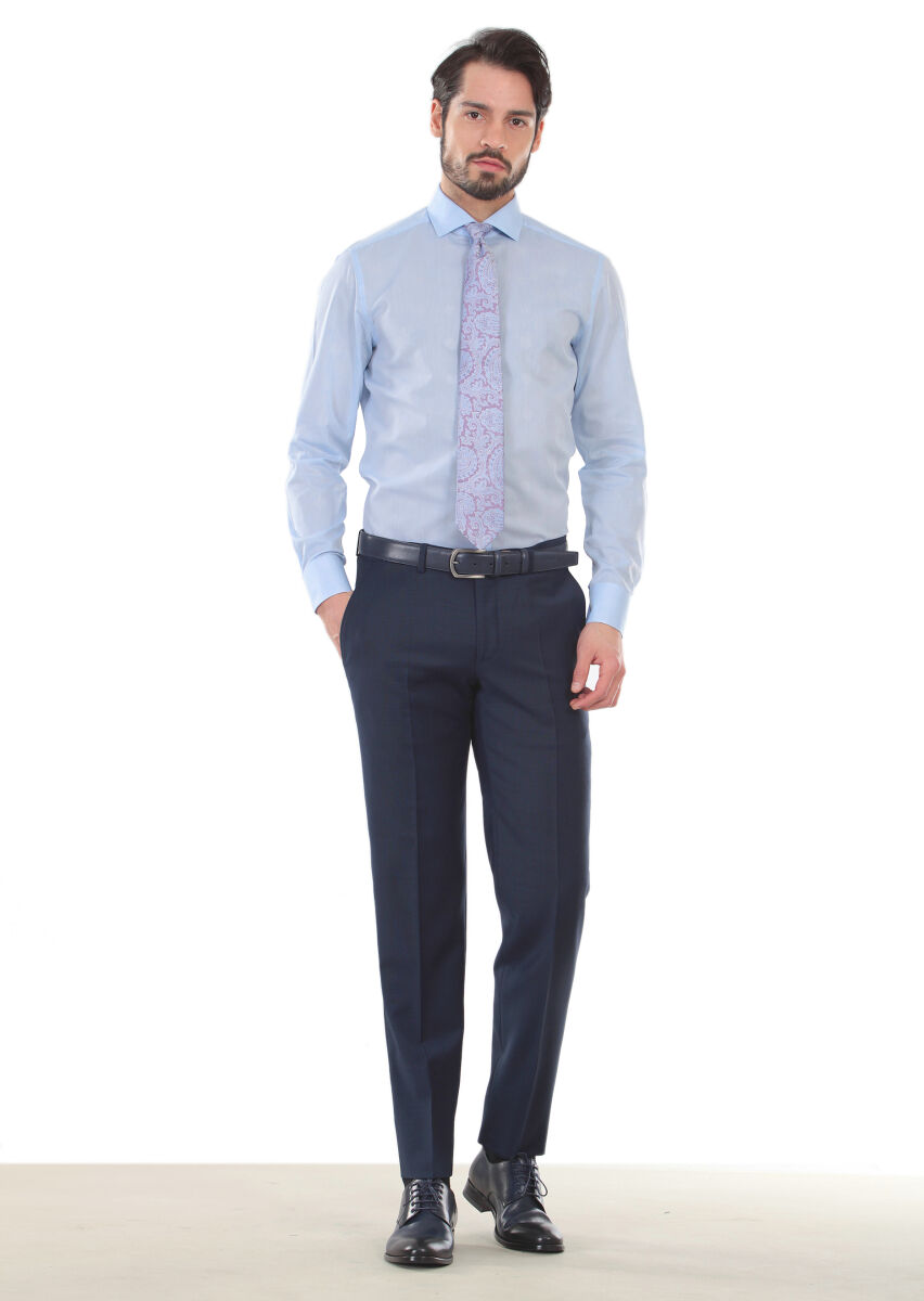 Blue Patterned Slim Fit Long Weaving Classical 100% Cotton Shirt - 1