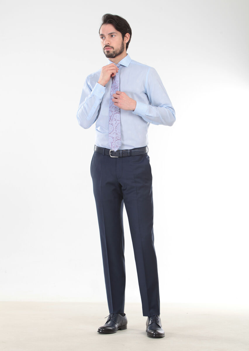 Blue Patterned Slim Fit Long Weaving Classical 100% Cotton Shirt - 3