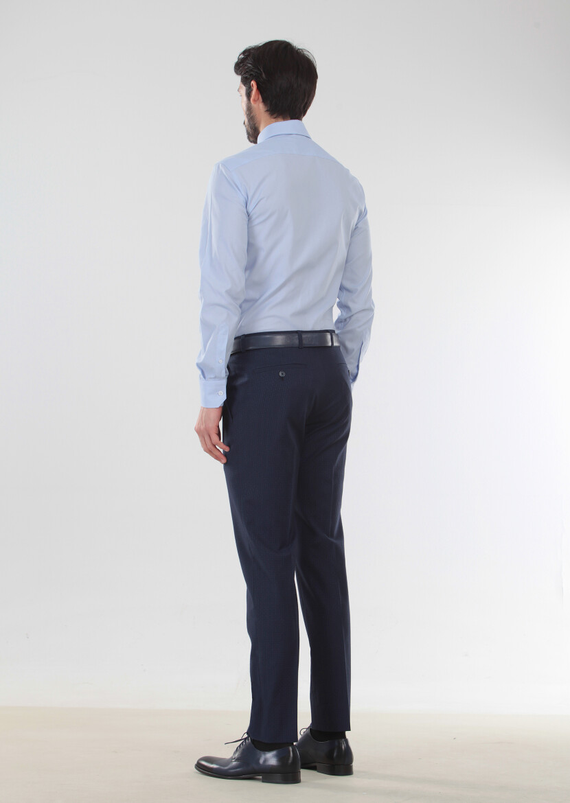 Blue Patterned Slim Fit Long Weaving Classical 100% Cotton Shirt - 2