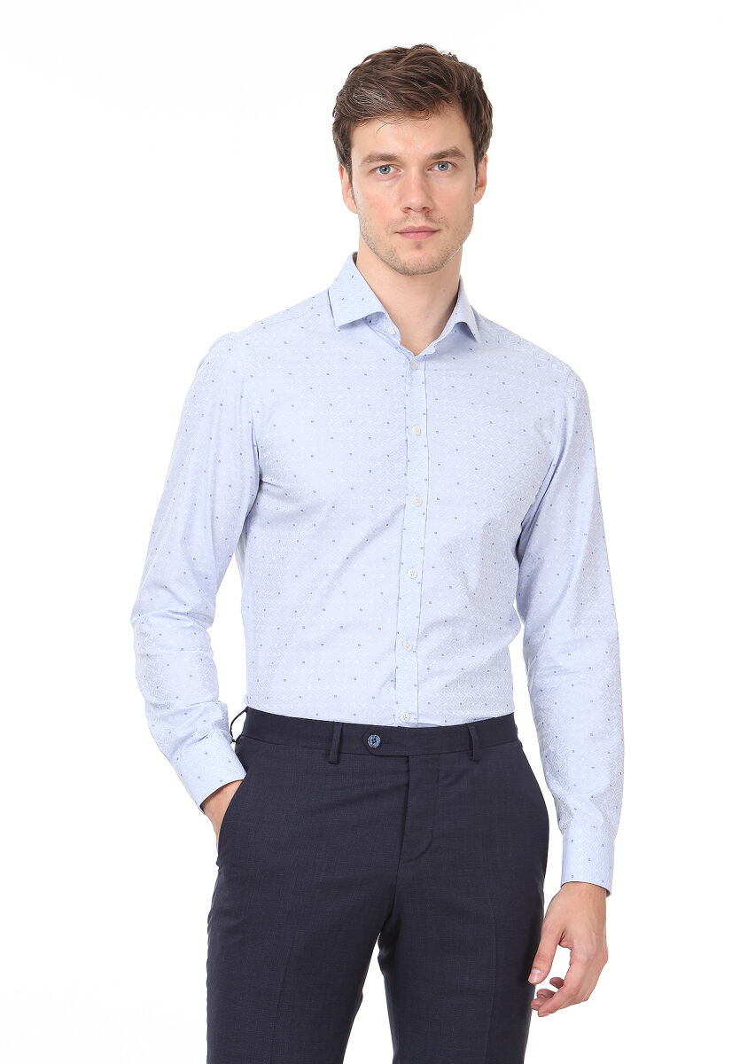 Blue Patterned Slim Fit Long Weaving Classical 100% Cotton Shirt - 1