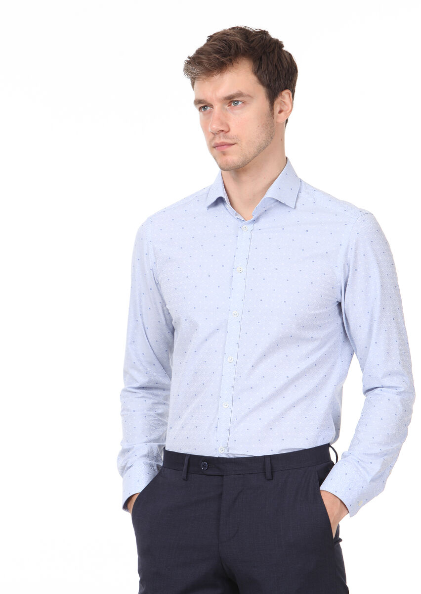 Blue Patterned Slim Fit Long Weaving Classical 100% Cotton Shirt - 3