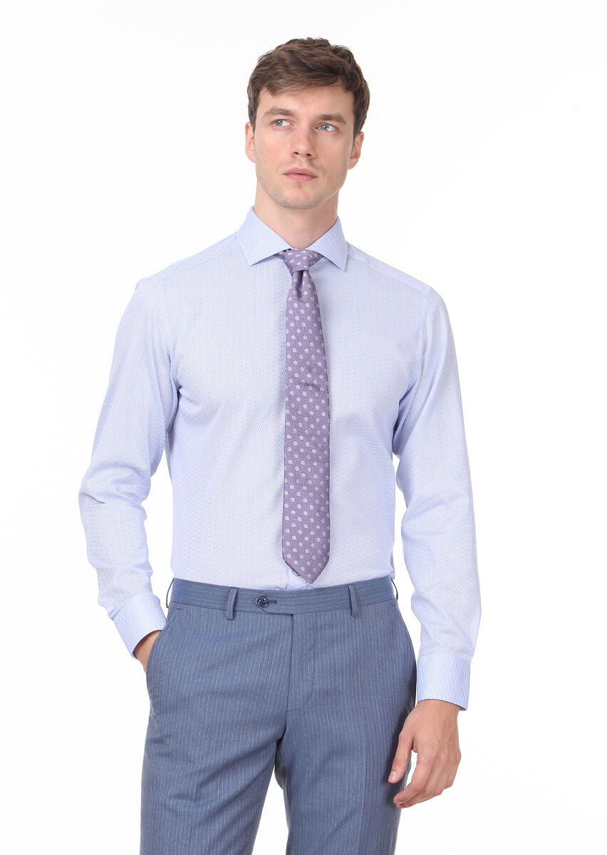 Blue Patterned Slim Fit Long Weaving Classical 100% Cotton Shirt - 1