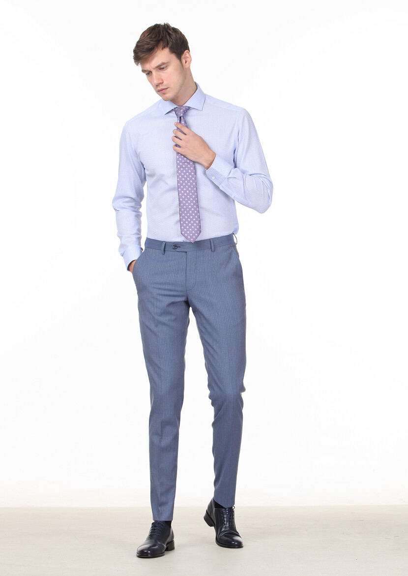 Blue Patterned Slim Fit Long Weaving Classical 100% Cotton Shirt - 3