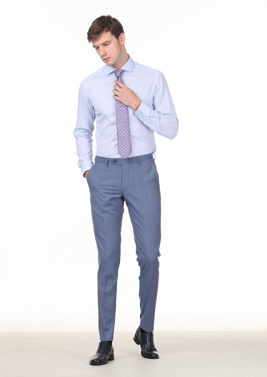 Blue Patterned Slim Fit Long Weaving Classical 100% Cotton Shirt - 3