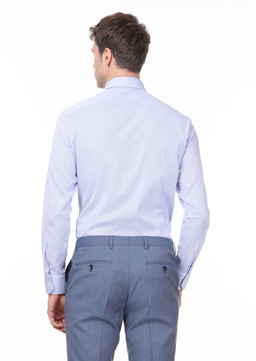 Blue Patterned Slim Fit Long Weaving Classical 100% Cotton Shirt - 4