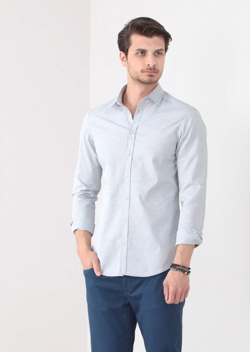 Blue Patterned Slim Fit Weaving Casual 100% Cotton Shirt - 2
