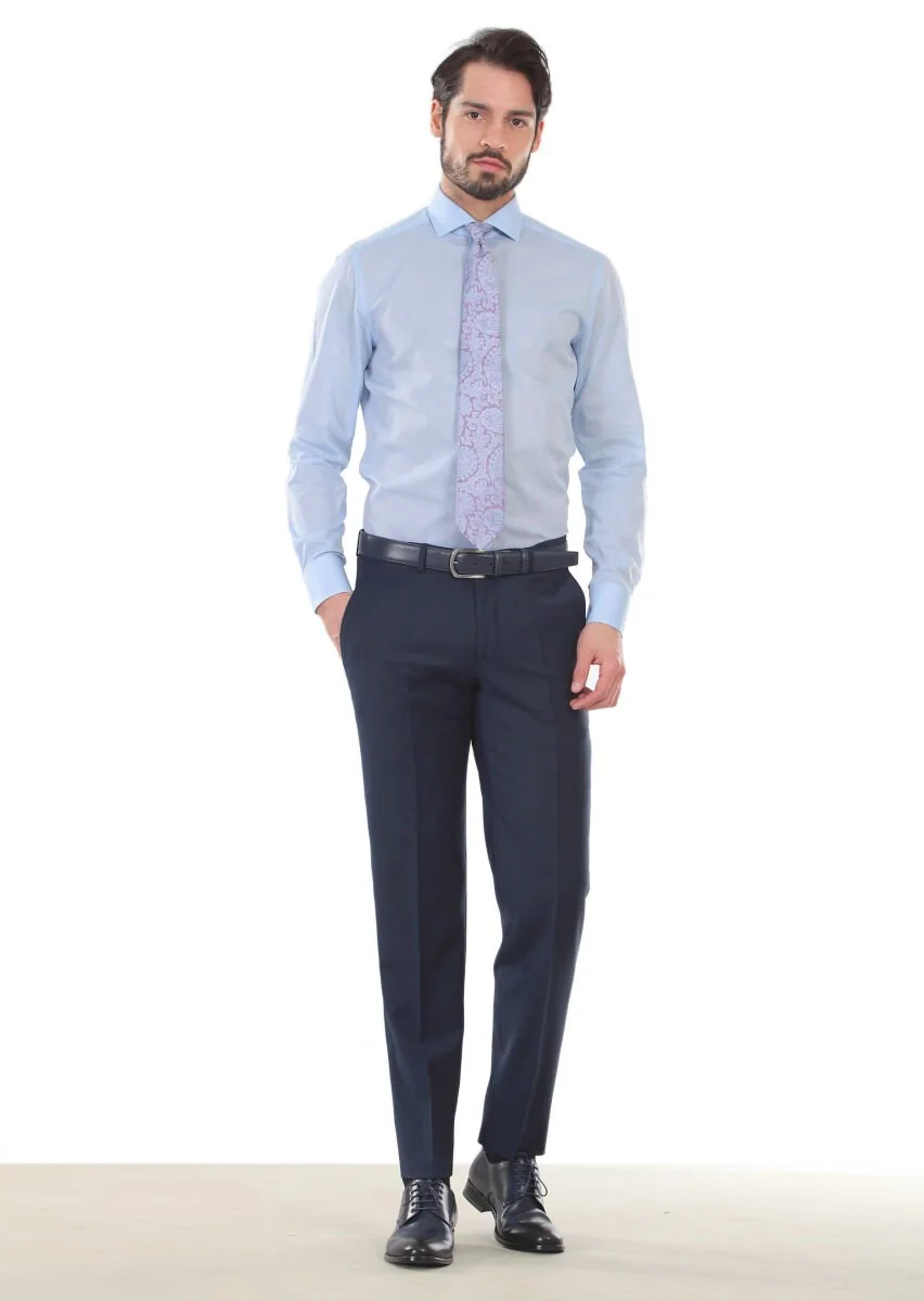Blue Patterned Slim Fit Weaving Classical 100% Cotton Shirt - 1