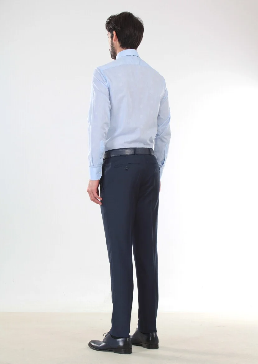 Blue Patterned Slim Fit Weaving Classical 100% Cotton Shirt - 2