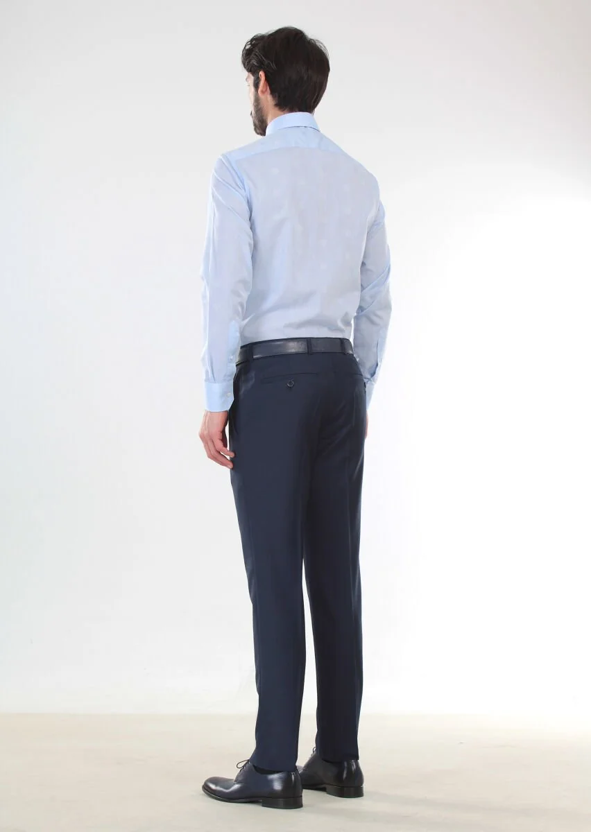 Blue Patterned Slim Fit Weaving Classical 100% Cotton Shirt - 2