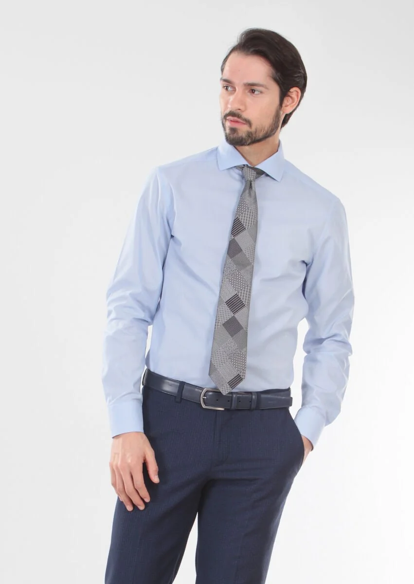 Blue Patterned Slim Fit Weaving Classical 100% Cotton Shirt - 3