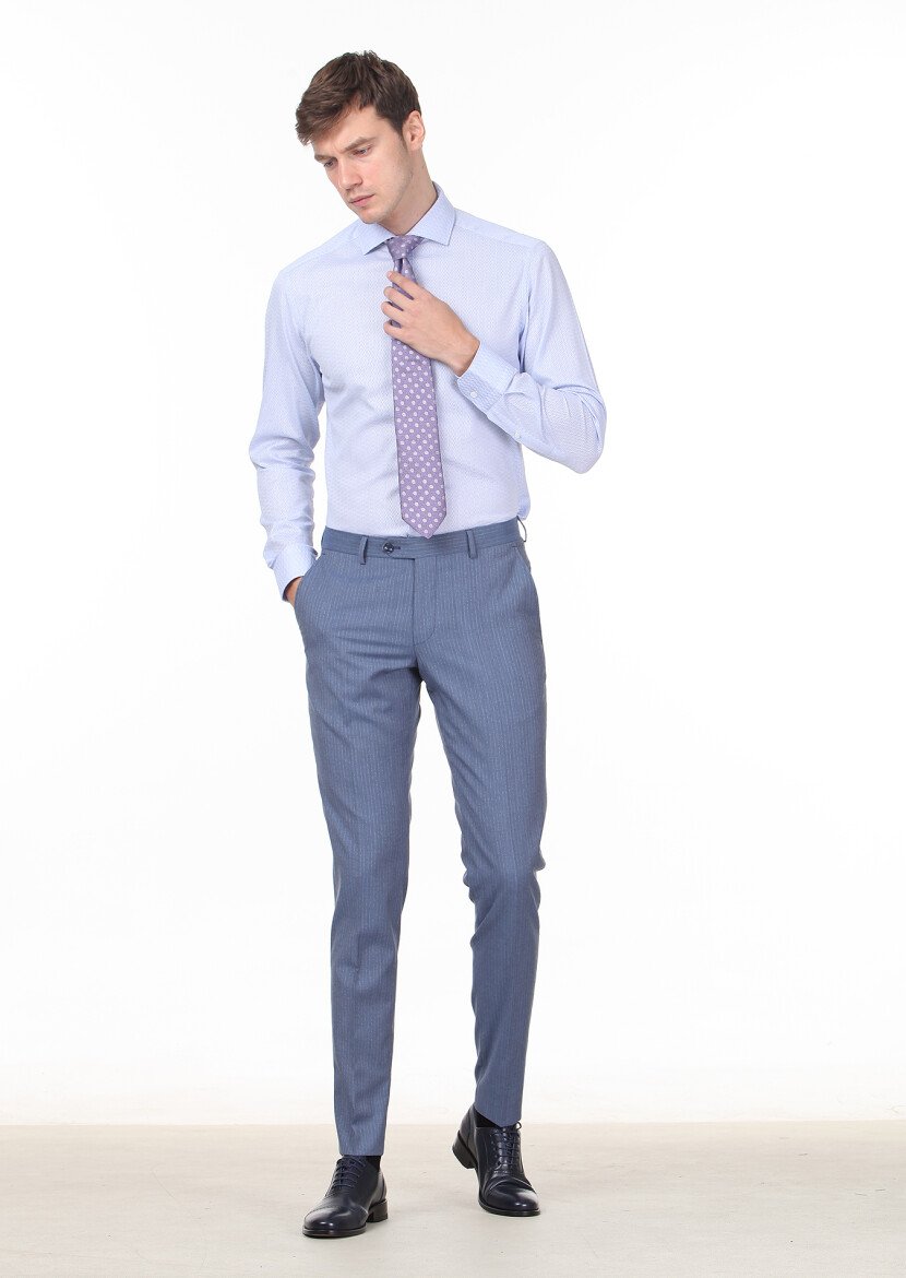 Blue Patterned Slim Fit Weaving Classical 100% Cotton Shirt - 3