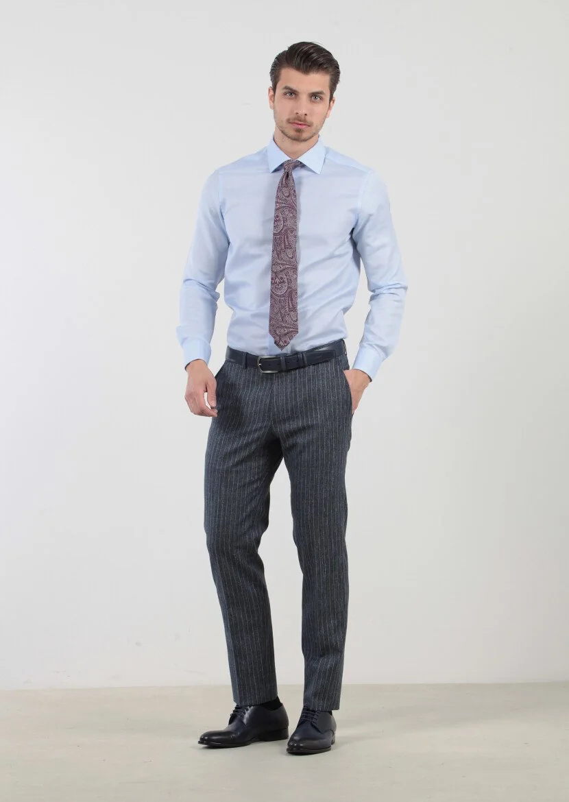 Blue Patterned Weaving Classical Cotton Blended Shirt - 2