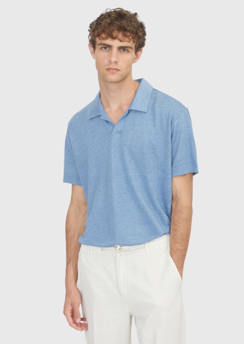 Blue Plain 100% Linen T-Shirt - 1