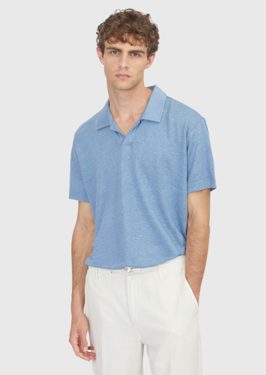 Blue Plain 100% Linen T-Shirt - 1