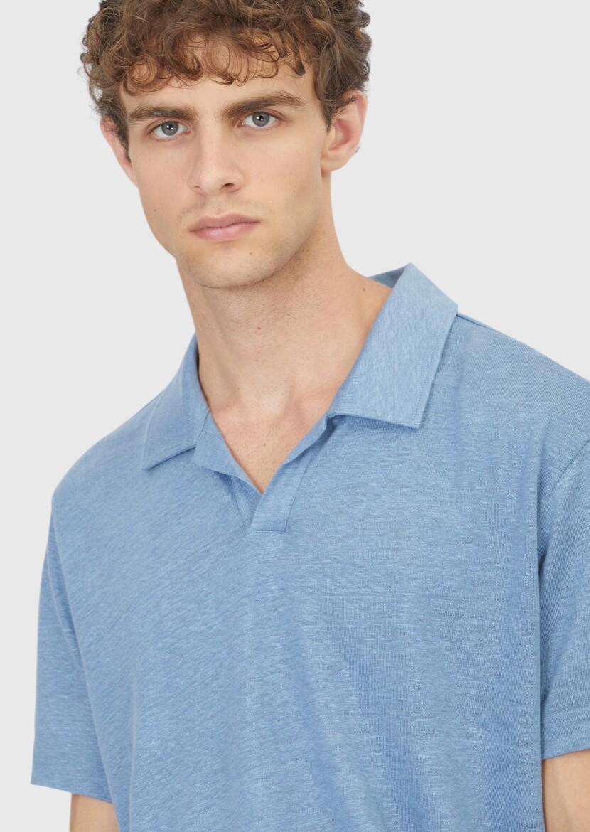 Blue Plain 100% Linen T-Shirt - 3