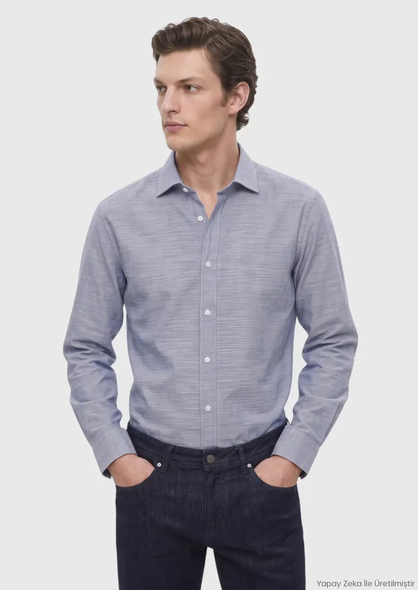 Blue Plain Casual Fit Long Material Casual 100% Cotton Shirt 