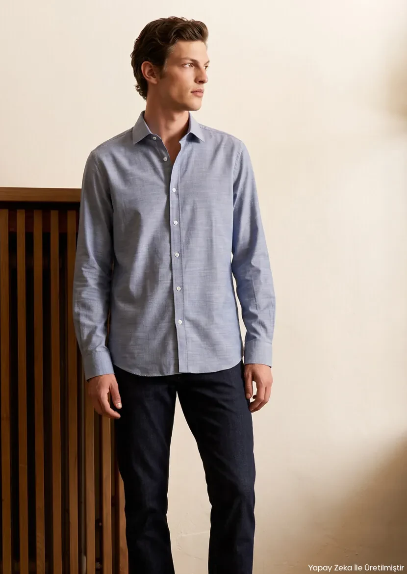 Blue Plain Casual Fit Long Material Casual 100% Cotton Shirt - RAMSEY