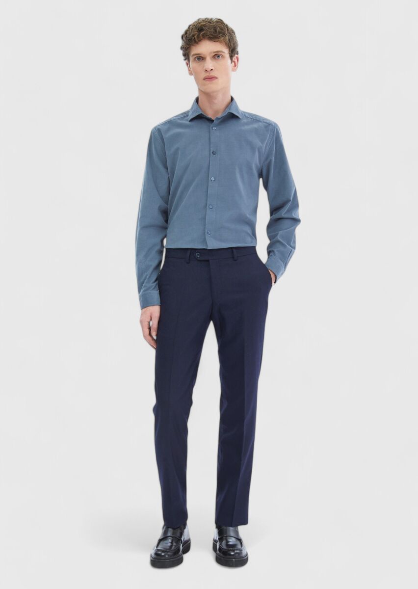 Blue Plain Casual Fit Long Weaving Casual 100% Cotton Shirt - 2