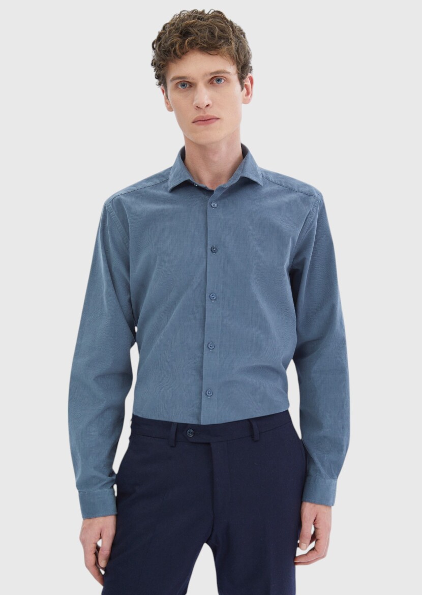 Blue Plain Casual Fit Long Weaving Casual 100% Cotton Shirt - 3