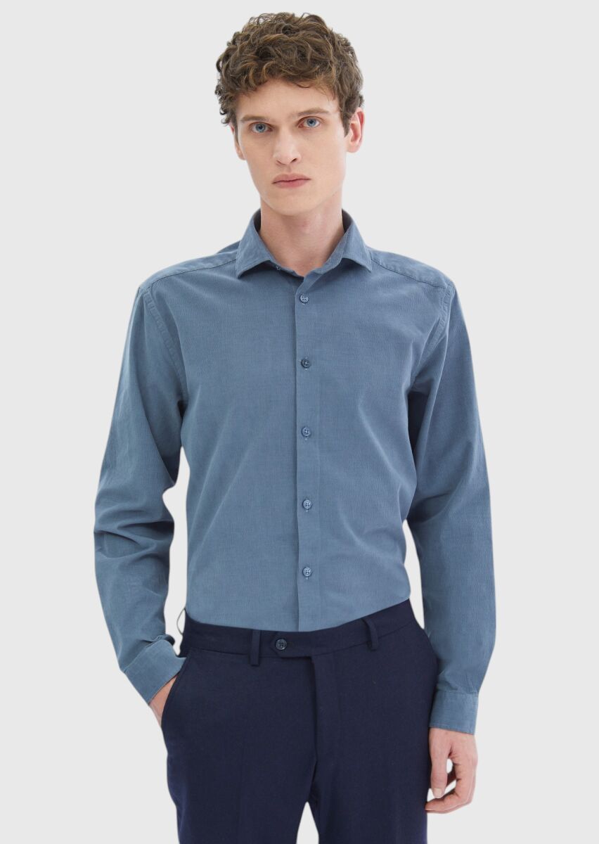 Blue Plain Casual Fit Long Weaving Casual 100% Cotton Shirt - 4