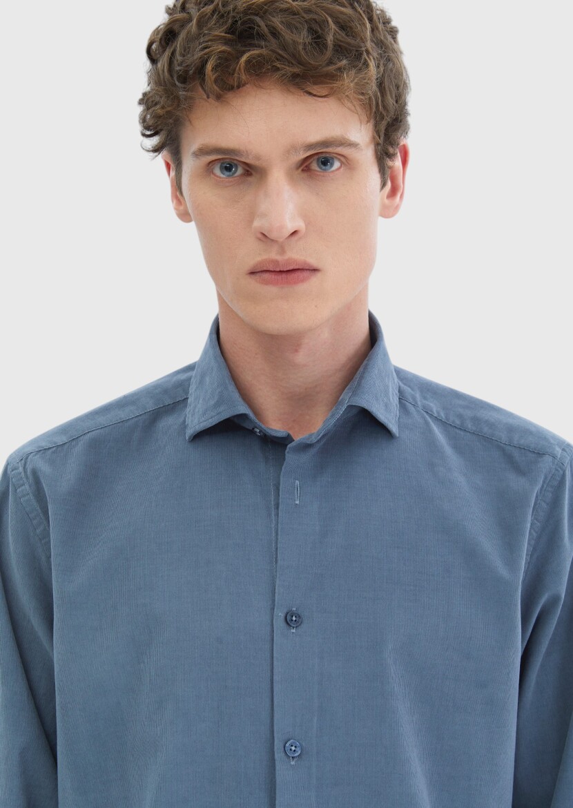 Blue Plain Casual Fit Long Weaving Casual 100% Cotton Shirt - 5