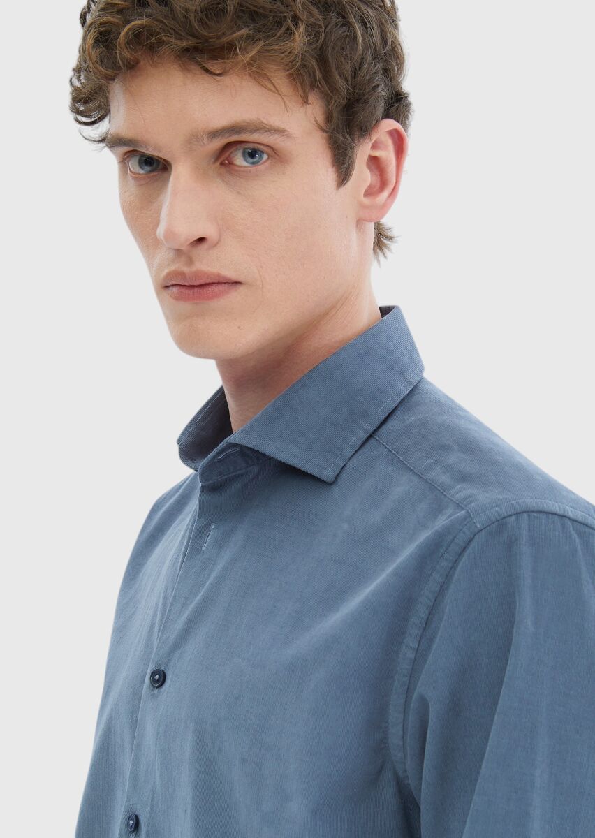 Blue Plain Casual Fit Long Weaving Casual 100% Cotton Shirt - 6