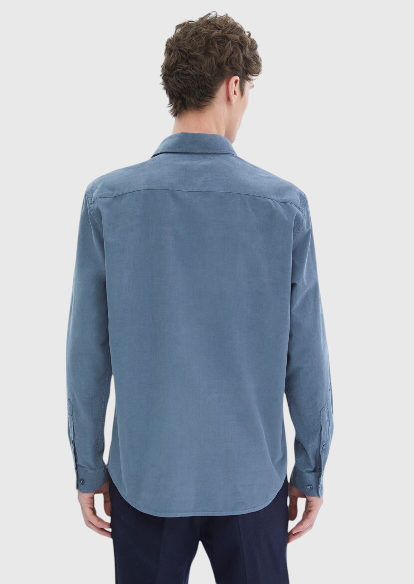 Blue Plain Casual Fit Long Weaving Casual 100% Cotton Shirt - 7