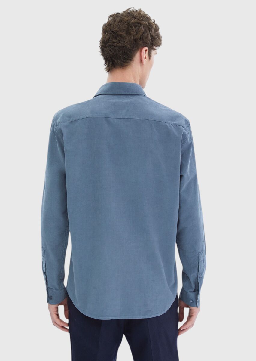 Blue Plain Casual Fit Long Weaving Casual 100% Cotton Shirt - 7