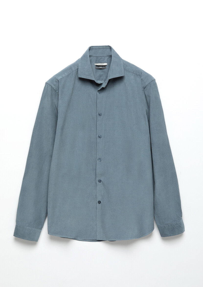 Blue Plain Casual Fit Long Weaving Casual 100% Cotton Shirt - 8